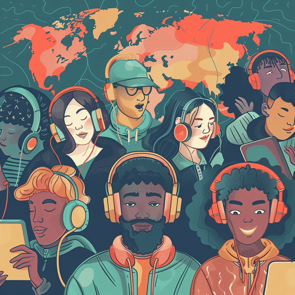 Diverse listeners engaged with podcasts, with a digital world map highlighting the U.S. and Canada.