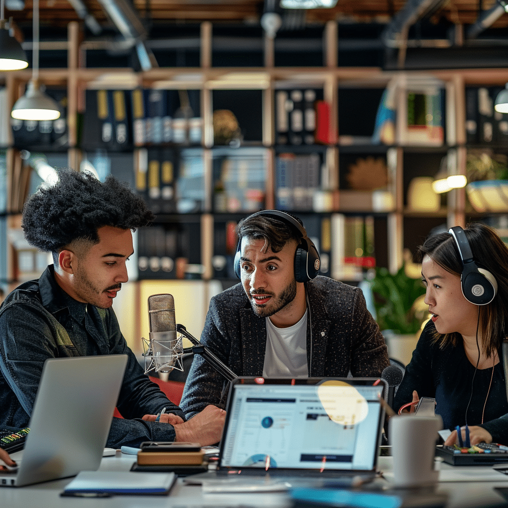 A group of professionals discussing the impact of podcasts on business growth and engagement. Includes a branded podcast logo on a screen, laptops, and headphones.