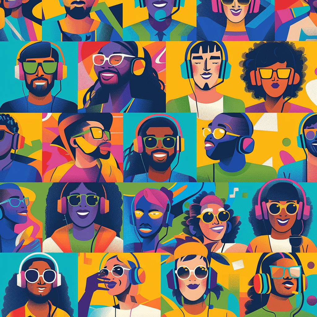 Diverse group of people listening to branded podcasts, experiencing various emotions, depicting the impact of audio on brand engagement.