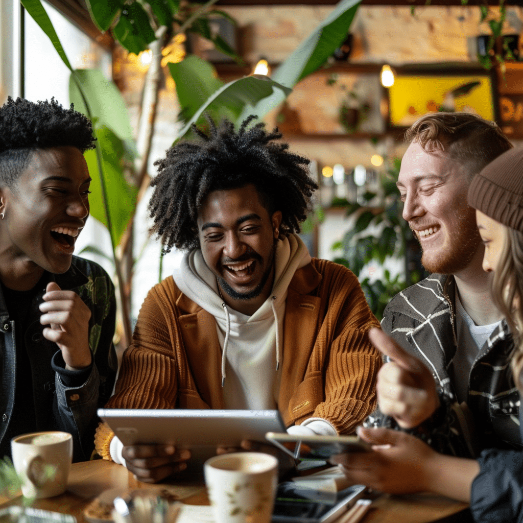 Diverse friends laughing together at a café while listening to a branded podcast.