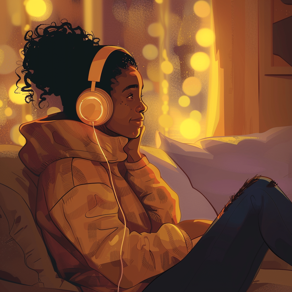 Young woman feeling joy and surprise while listening to a branded podcast in a cozy setting.