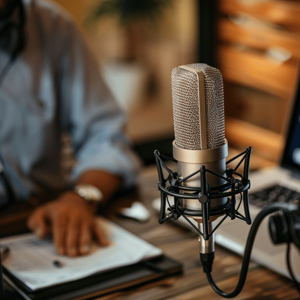 A business professional recording a podcast episode for engaging business podcast listeners, using a microphone and laptop, with branding elements in the background indicating podcast production.