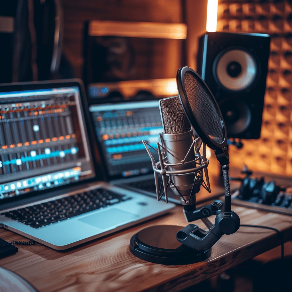 Professional podcast production setup with a microphone, headphones, and a laptop with audio editing software.