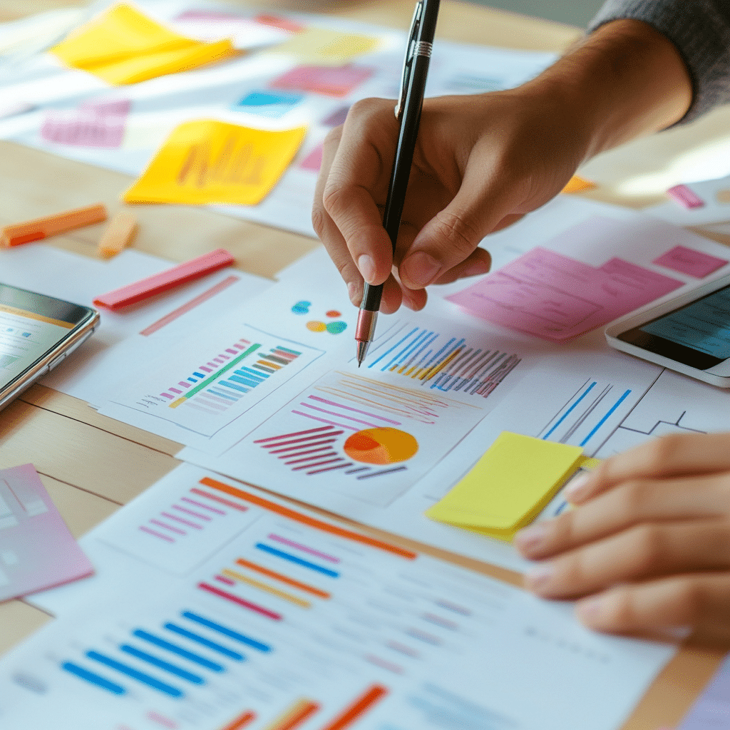A marketing workspace filled with strategy notes, colorful markers, and a smartphone displaying data. A marketer refines a plan, emphasizing the urgency of adapting before competitors take the lead.