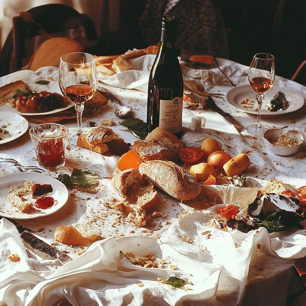 A dinner table after a meal, with a wine bottle, glasses, bread, and various fruits scattered across a white tablecloth. Crumbs and food remnants add a rustic, lived-in feel to the scene.