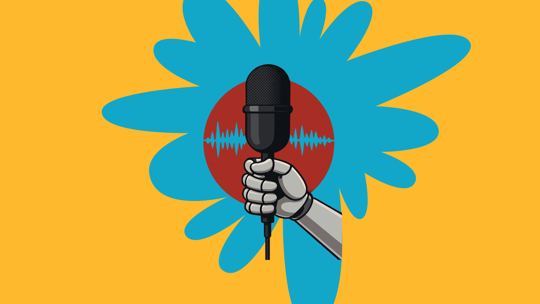 Graphic of a robotic arm grabbing a microphone, used on article about AI in podcasting.