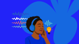 Featured graphic of a woman listening to podacast, used on blog about podcast creative